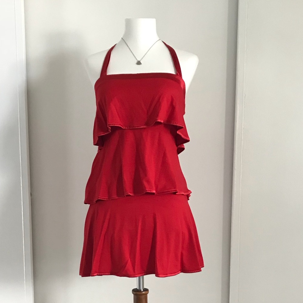Bebe Tiered Halter Ruffle Red Dress Size XS